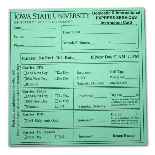 Iowa State University Express Services Mail Instruction Card